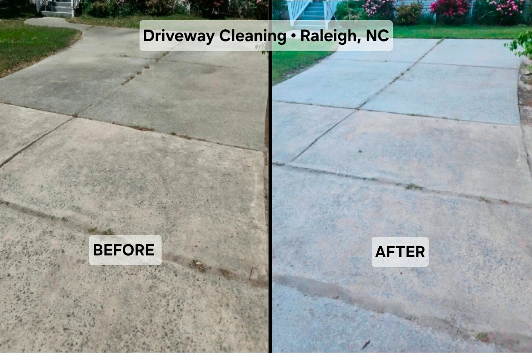 Before and after pressure washing driveway in Raleigh